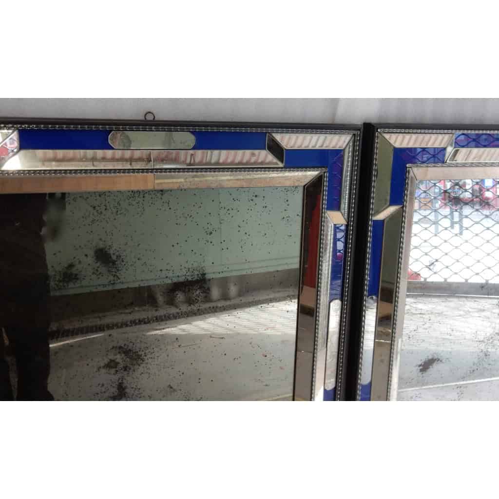 1970/80 Paire De Miroirs Venise Style Louis 14 Avec Ornements En Verre Bleu 7