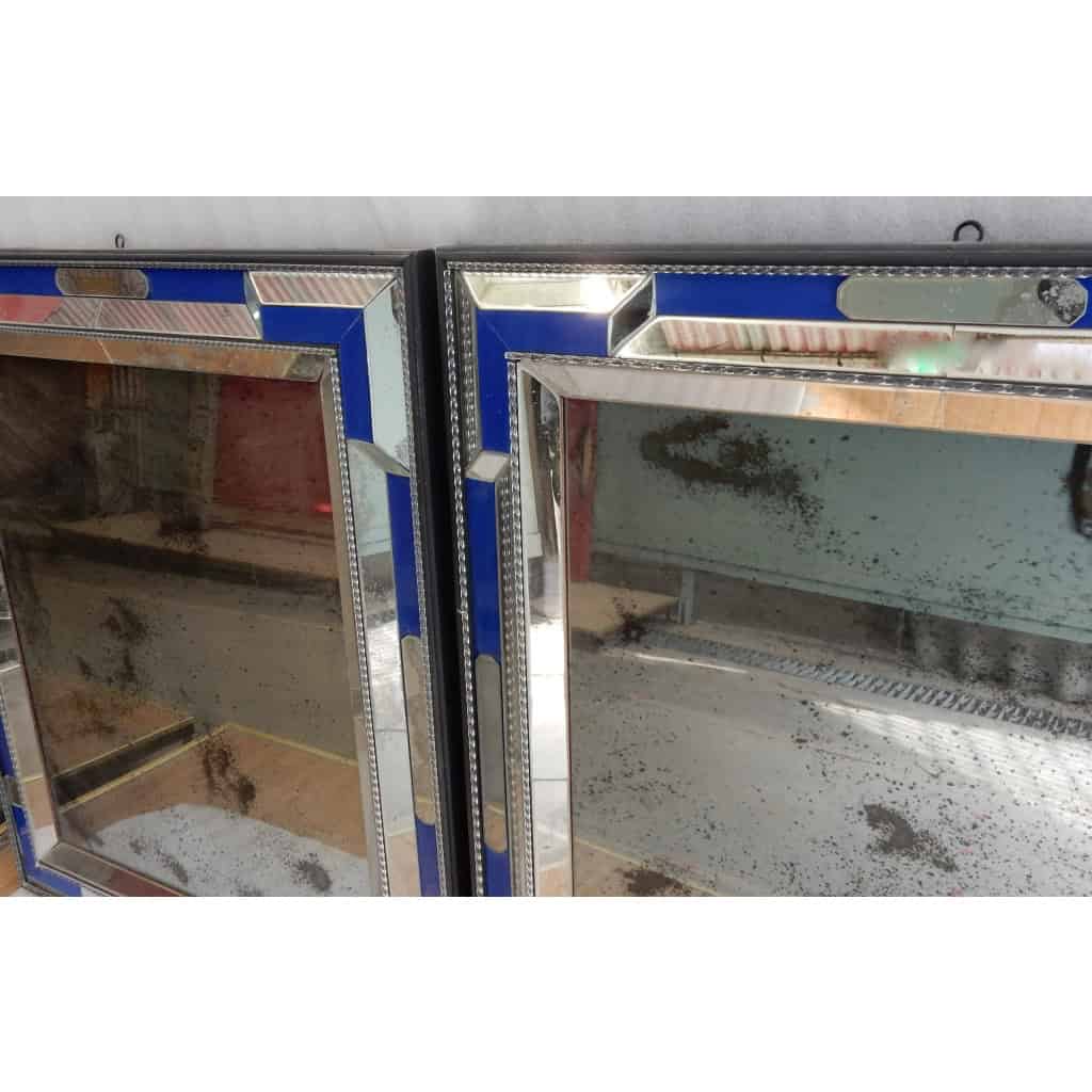 1970/80 Paire De Miroirs Venise Style Louis 14 Avec Ornements En Verre Bleu 8