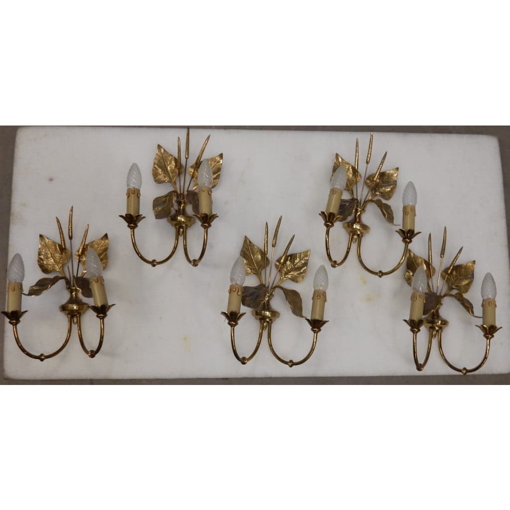 1970′ Série de 5 Appliques aux Plantins Style Maison Jansen | Biron |||||||