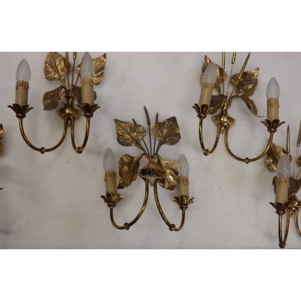 1970′ Série de 5 Appliques aux Plantins Style Maison Jansen | Biron 1970' Série de 5 Appliques aux Plantins Style Maison Jansen