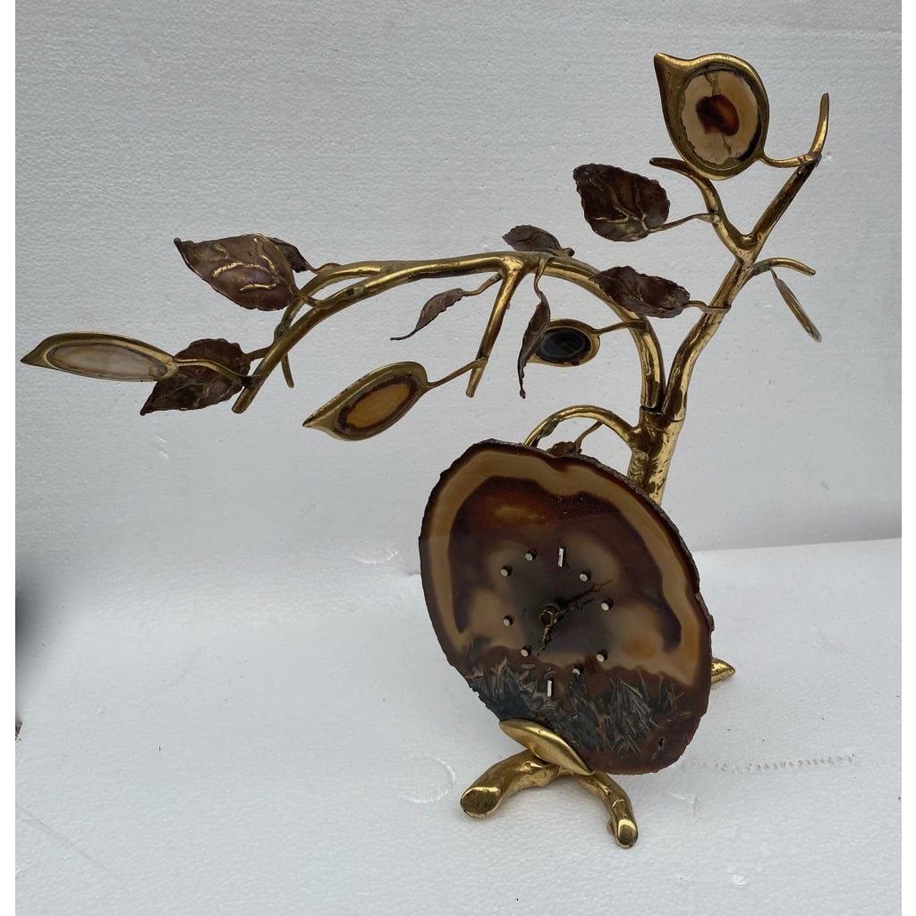 1970′ Horloge Éclairante Aux Feuilles En Agate Par FAURE, FERNANDEZ ou DUVAL BRASSEUR Pour HONORE PARIS | Biron |||||||||
