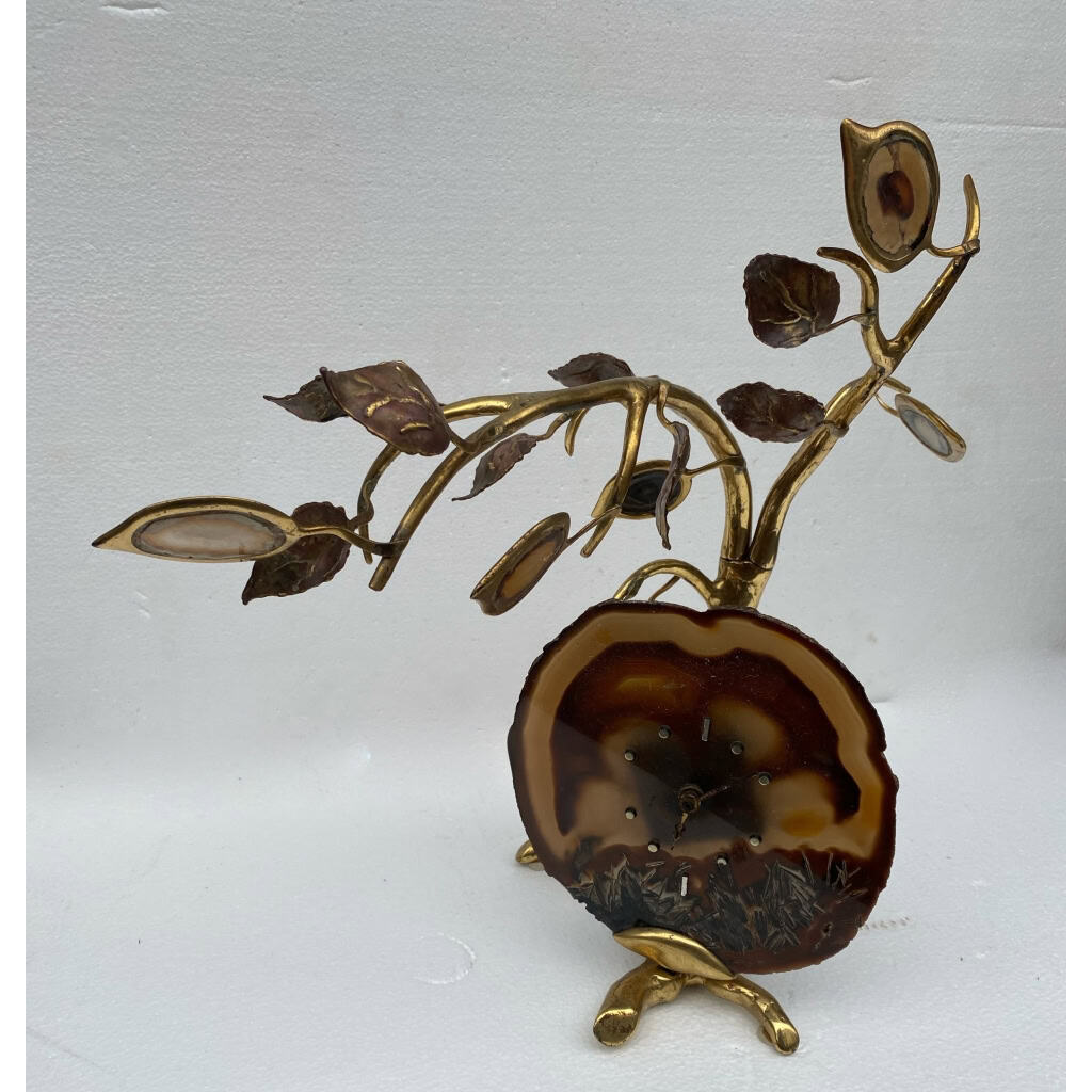 1970′ Horloge Éclairante Aux Feuilles En Agate Par FAURE, FERNANDEZ ou DUVAL BRASSEUR Pour HONORE PARIS | Biron 1970′ Horloge Éclairante Aux Feuilles En Agate Par FAURE, FERNANDEZ ou DUVAL BRASSEUR Pour HONORE PARIS
