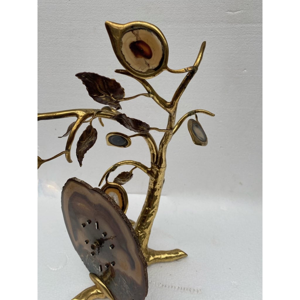 1970′ Horloge Éclairante Aux Feuilles En Agate Par FAURE, FERNANDEZ ou DUVAL BRASSEUR Pour HONORE PARIS | Biron 1970′ Horloge Éclairante Aux Feuilles En Agate Par FAURE, FERNANDEZ ou DUVAL BRASSEUR Pour HONORE PARIS