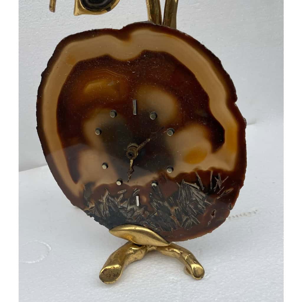 1970′ Horloge Éclairante Aux Feuilles En Agate Par FAURE, FERNANDEZ ou DUVAL BRASSEUR Pour HONORE PARIS | Biron 1970′ Horloge Éclairante Aux Feuilles En Agate Par FAURE, FERNANDEZ ou DUVAL BRASSEUR Pour HONORE PARIS