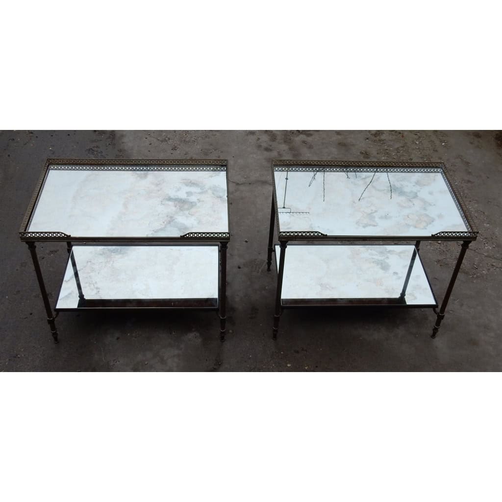 1970′ Paire de Bouts de Canapé Rectangulaires Maison Baguès Plateaux Miroirs Vieillis Avec Galeries Ajourées | Biron |||||||||
