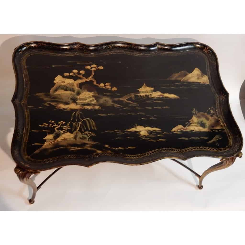 1940/50 Table Basse Plateau Laque de Chine Maison Baguès en Bronze