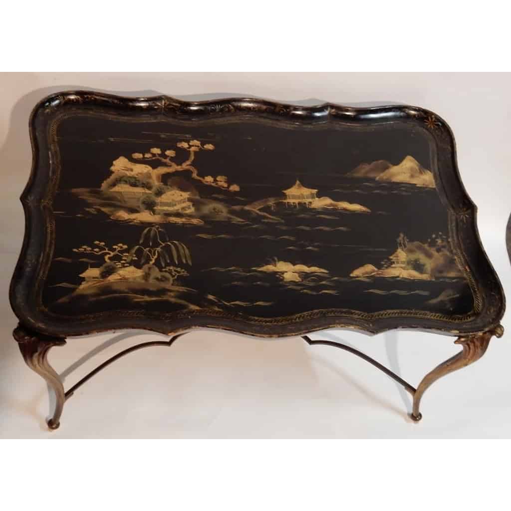 1940/50 Table Basse Plateau Laque de Chine Maison Baguès en Bronze