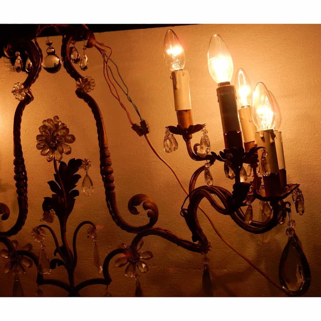 1950/70′ Lustre En Métal Doré 10 Ampoules Décor De Fleurs Style Maison Baguès | Biron 1950/70′ Lustre En Métal Doré 10 Ampoules Décor De Fleurs Style Maison Baguès