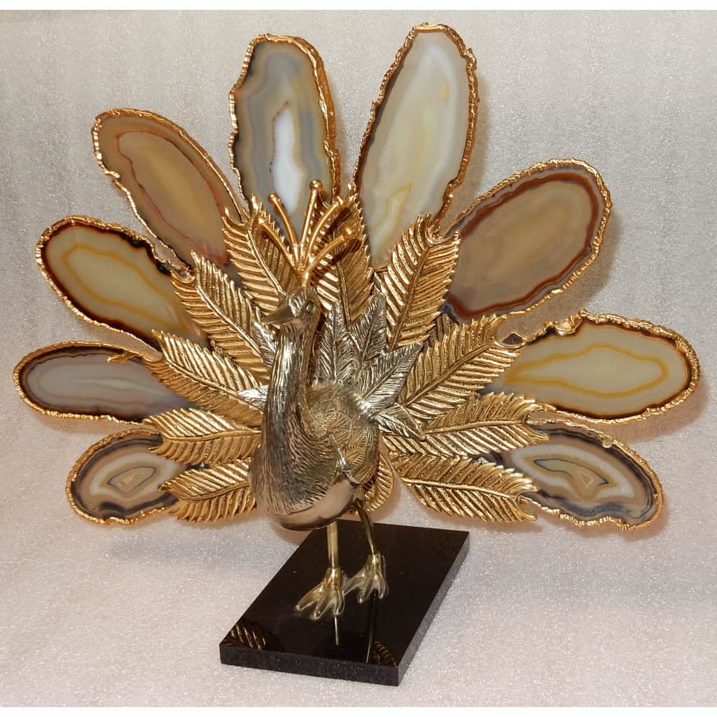 1970′ Paon En Bronze Doré Faisant La Roue Orné De 9 Agates DLG Duval Brasseur Ou Isabelle Faure | Biron |||||||||