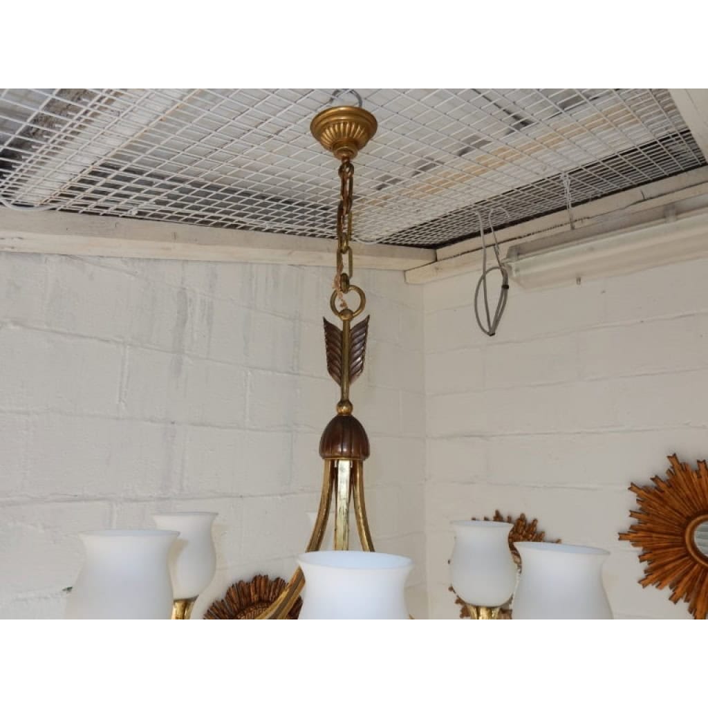 1920/50′ Paire De Lustres Bronze et Laiton Avec Flèche Style Arbus Par Maison Jansen 6 Ampoules