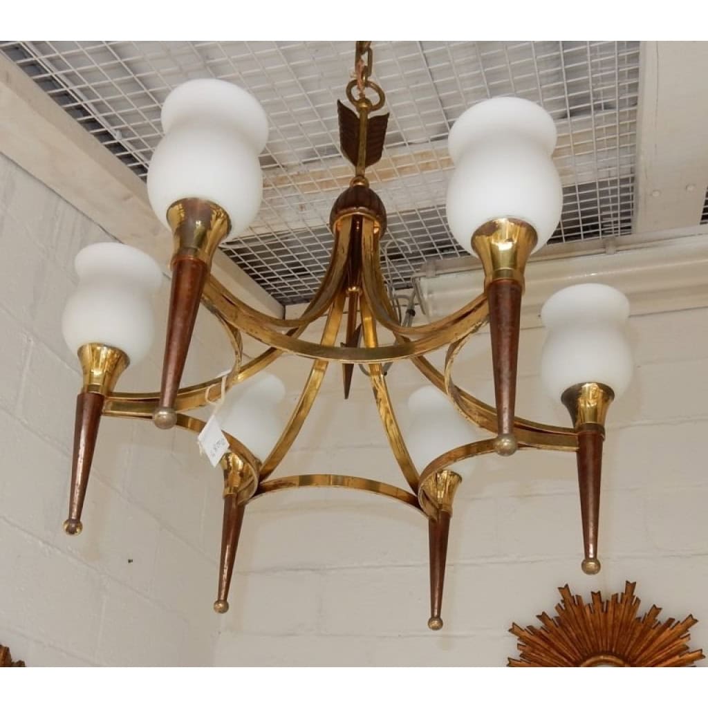 1920/50′ Paire De Lustres Bronze et Laiton Avec Flèche Style Arbus Par Maison Jansen 6 Ampoules