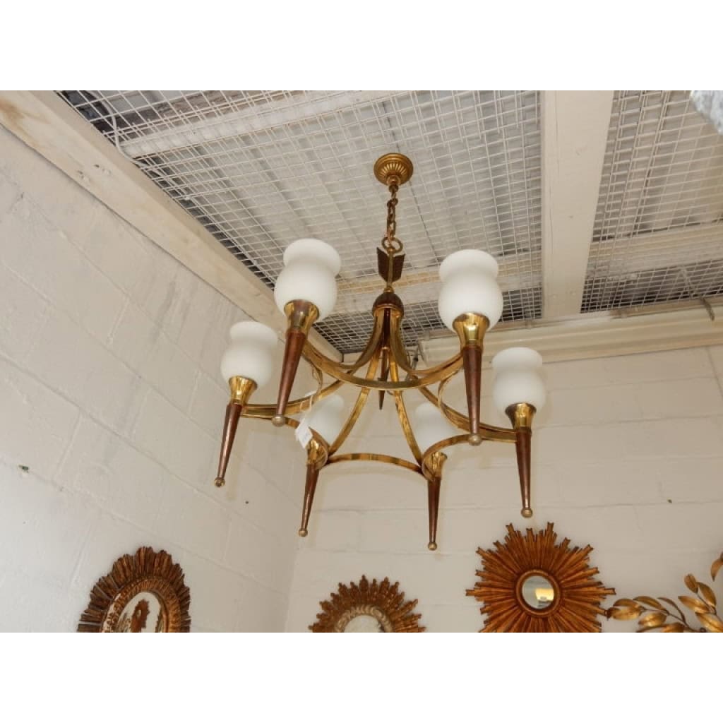 1920/50′ Paire De Lustres Bronze et Laiton Avec Flèche Style Arbus Par Maison Jansen 6 Ampoules