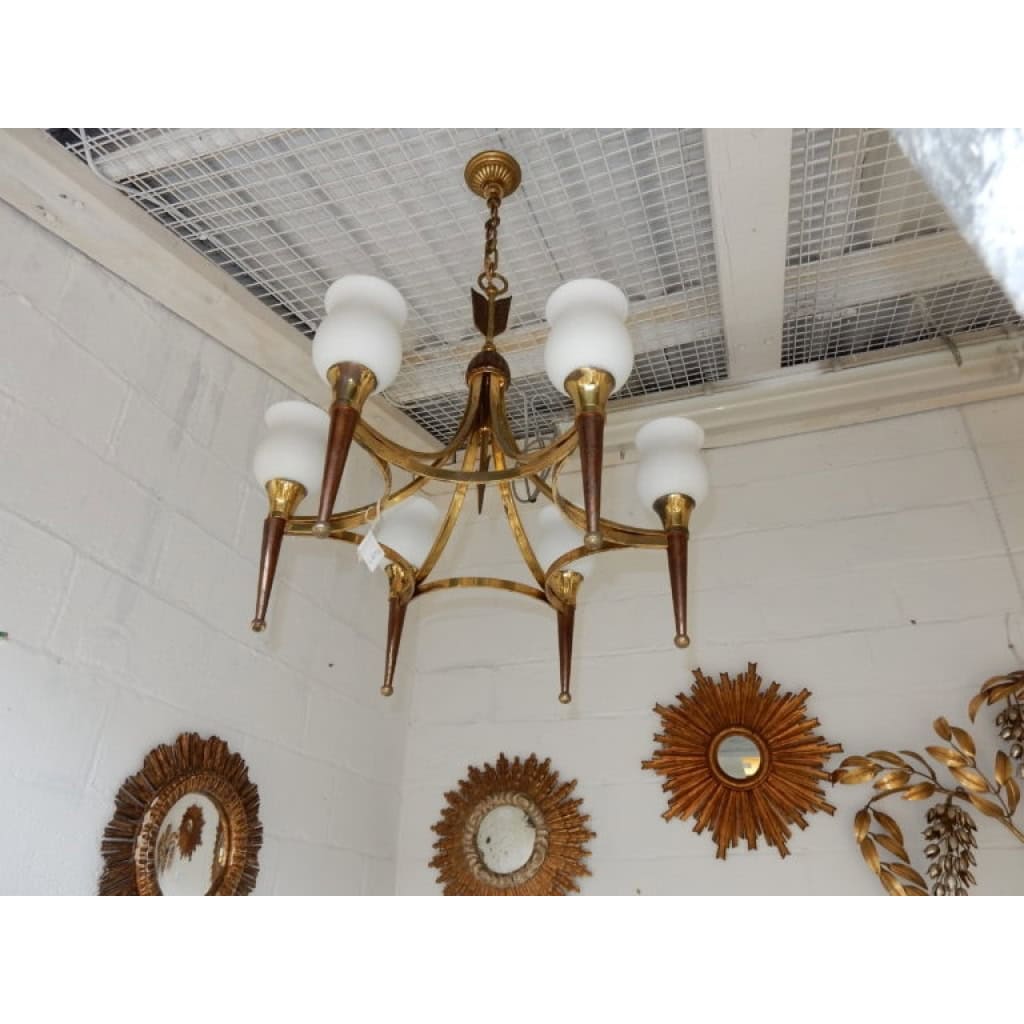1920/50′ Paire De Lustres Bronze et Laiton Avec Flèche Style Arbus Par Maison Jansen 6 Ampoules