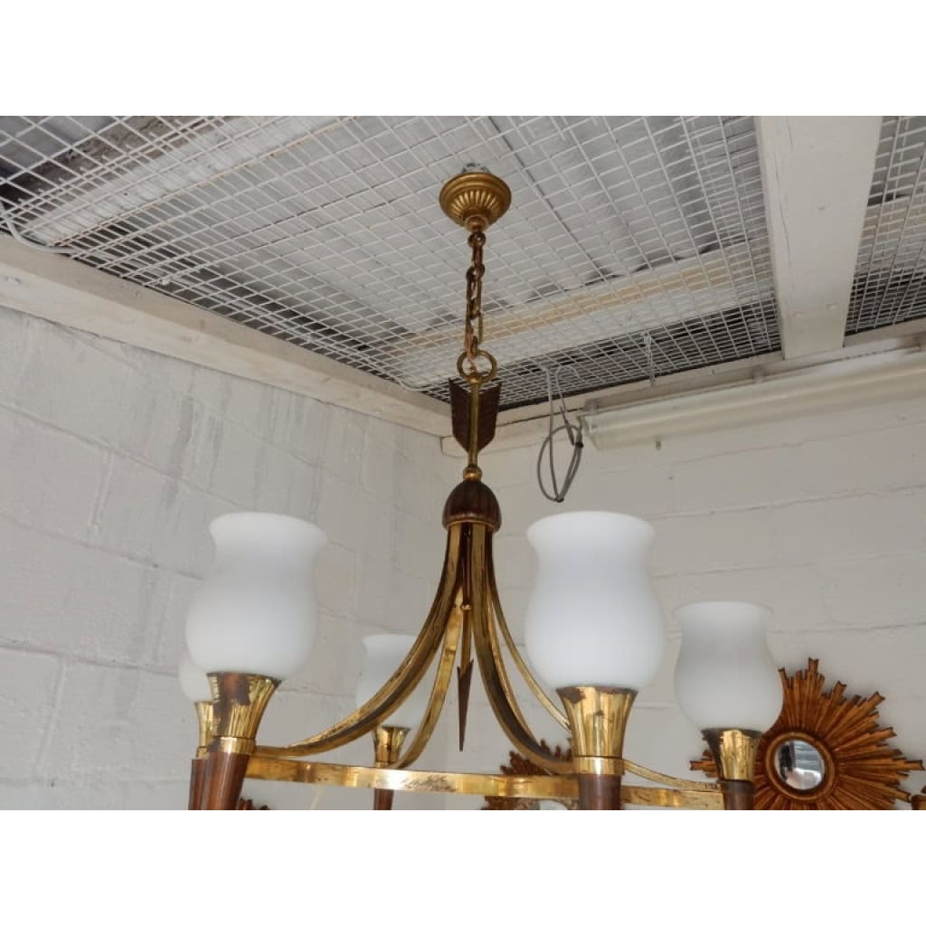 1920/50′ Paire De Lustres Bronze et Laiton Avec Flèche Style Arbus Par Maison Jansen 6 Ampoules