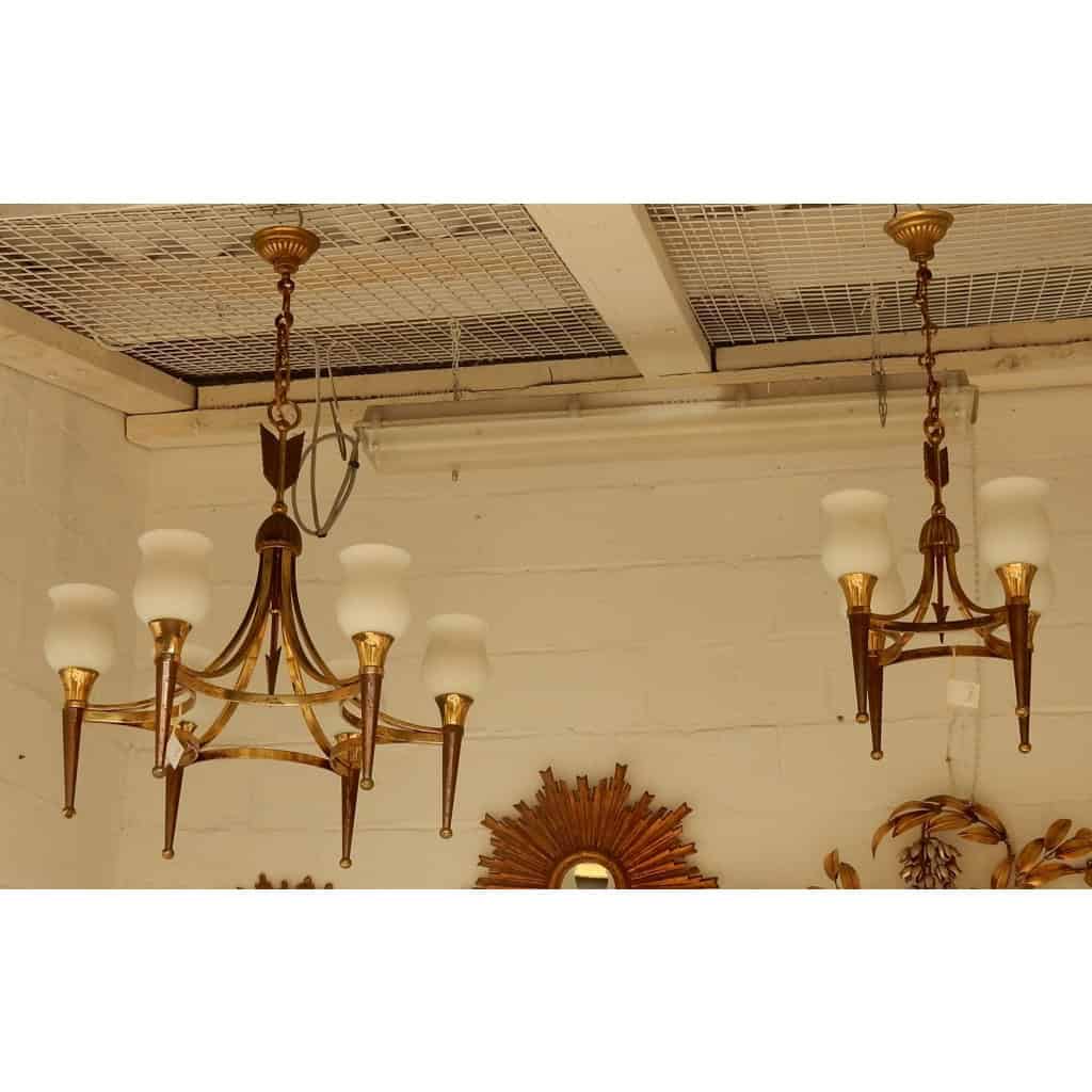 1920/50′ Paire De Lustres Bronze et Laiton Avec Flèche Style Arbus Par Maison Jansen 6 Ampoules