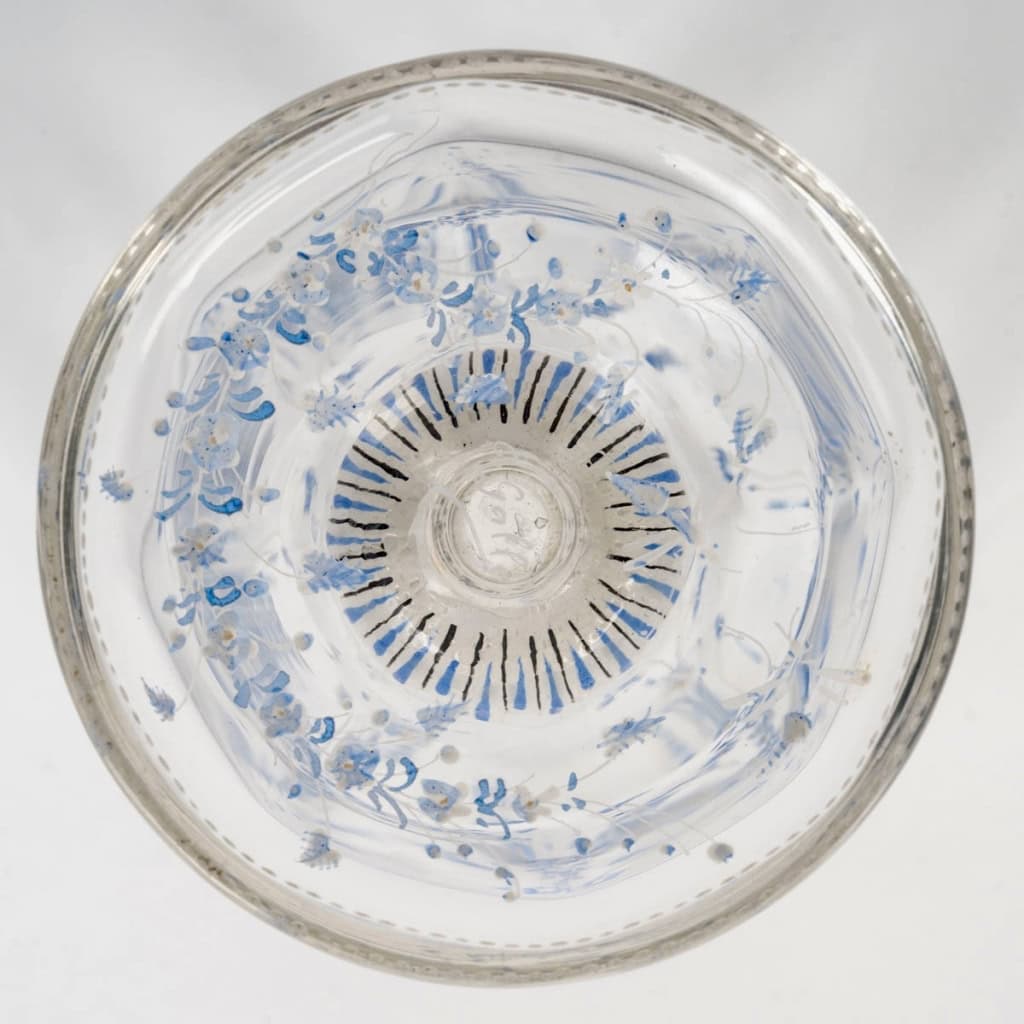 Vase Cornet "Libellules, Fleurettes et Nœuds" verre blanc émaillé bleu et blanc d'Emile GALLE