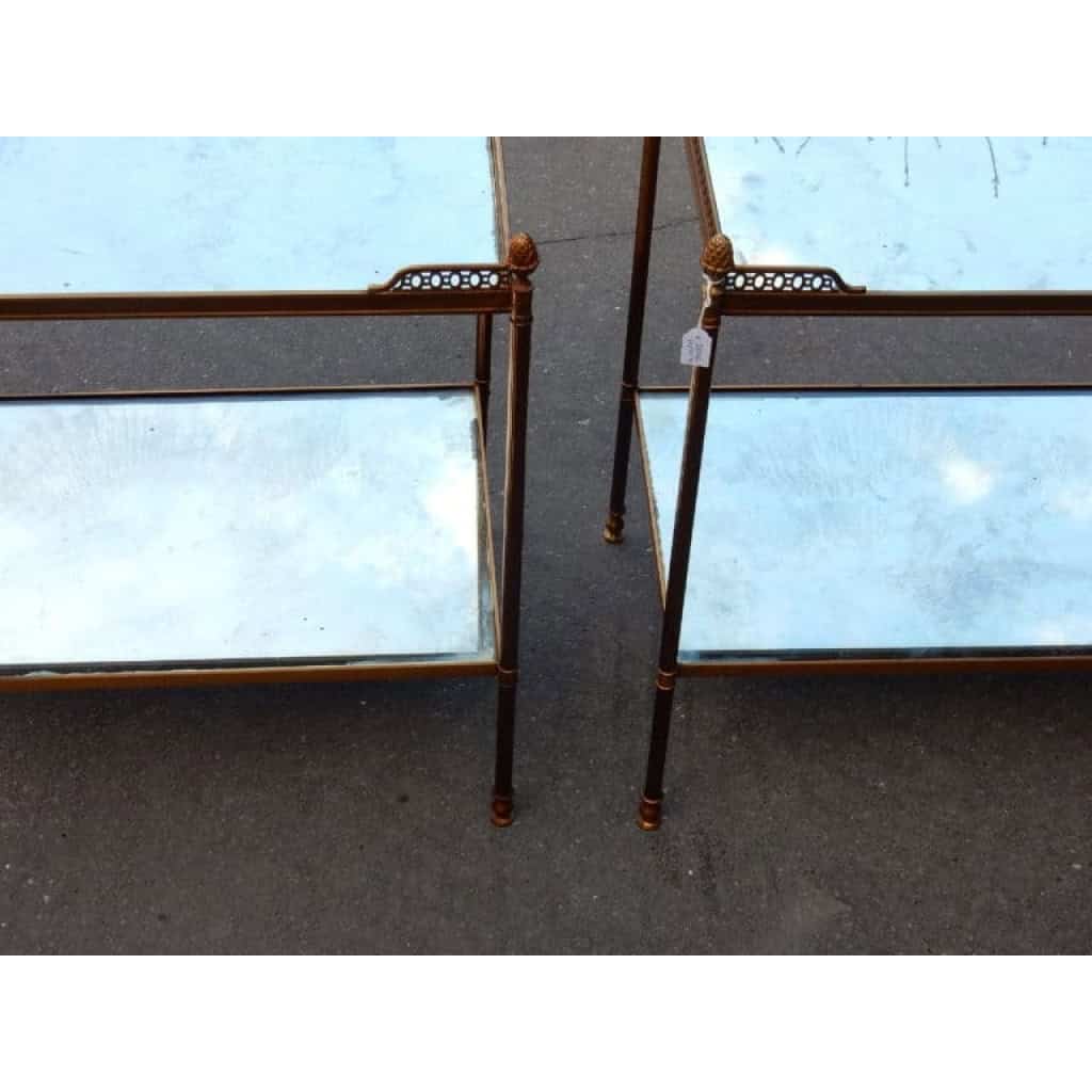 1970′ Paire de Bouts de Canapé Rectangulaires Maison Baguès Plateaux Miroirs Vieillis Avec Galeries Ajourées