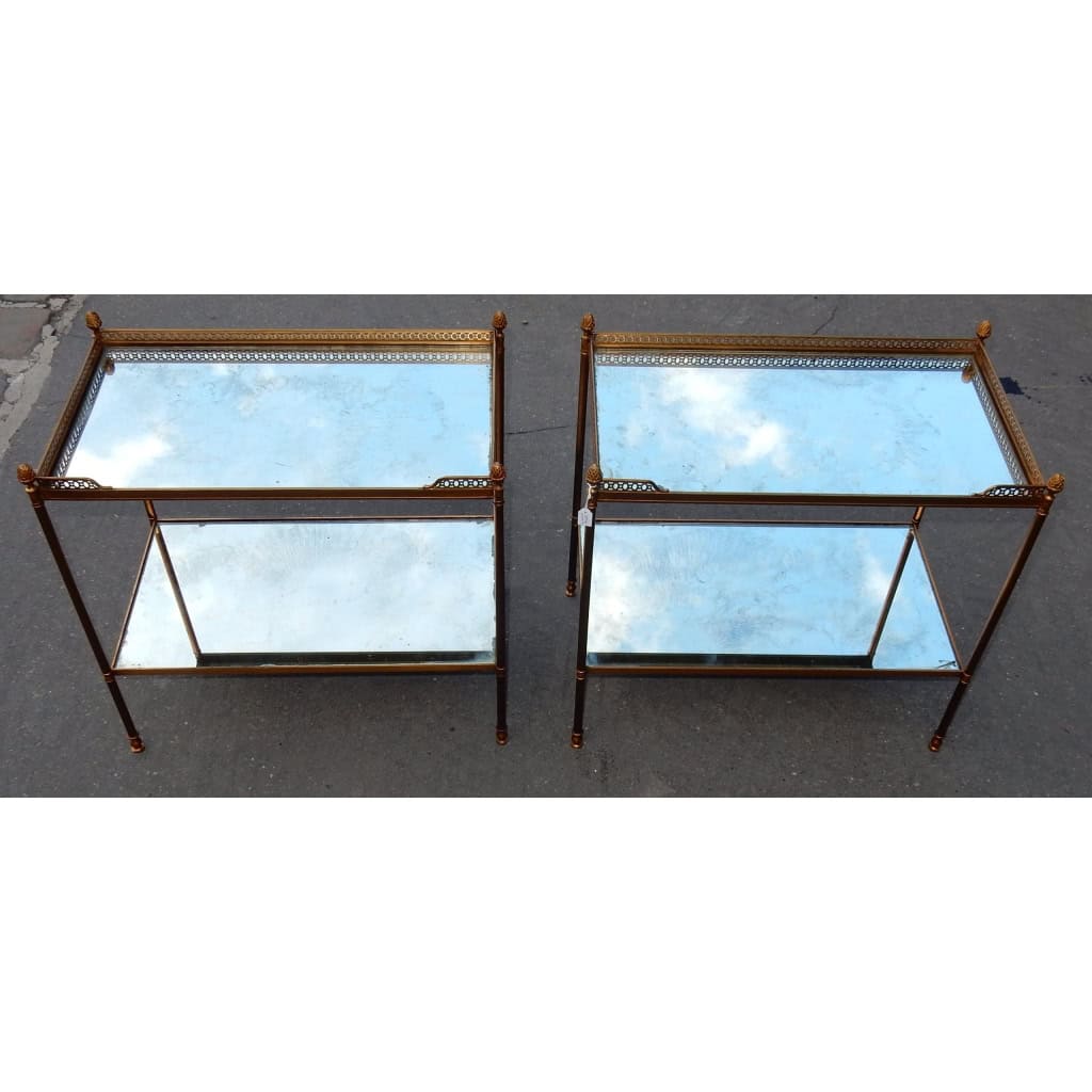 1970′ Paire de Bouts de Canapé Rectangulaires Maison Baguès Plateaux Miroirs Vieillis Avec Galeries Ajourées