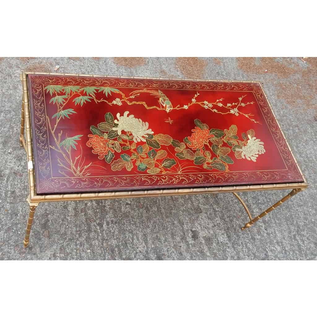 1950/70′ Table Basse Bronze Décor Palmier, Plateau Laque de Chine Rouge Style Maison Baguès | Biron |||||||