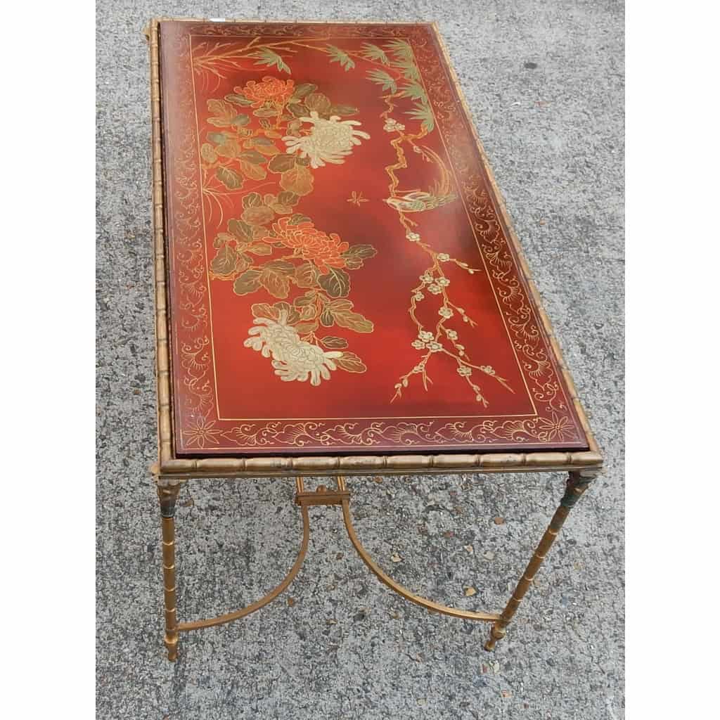 1950/70′ Table Basse Bronze Décor Palmier, Plateau Laque de Chine Rouge Style Maison Baguès | Biron 1950/70′ Table Basse Bronze Décor Palmier, Plateau Laque de Chine Rouge Style Maison Baguès