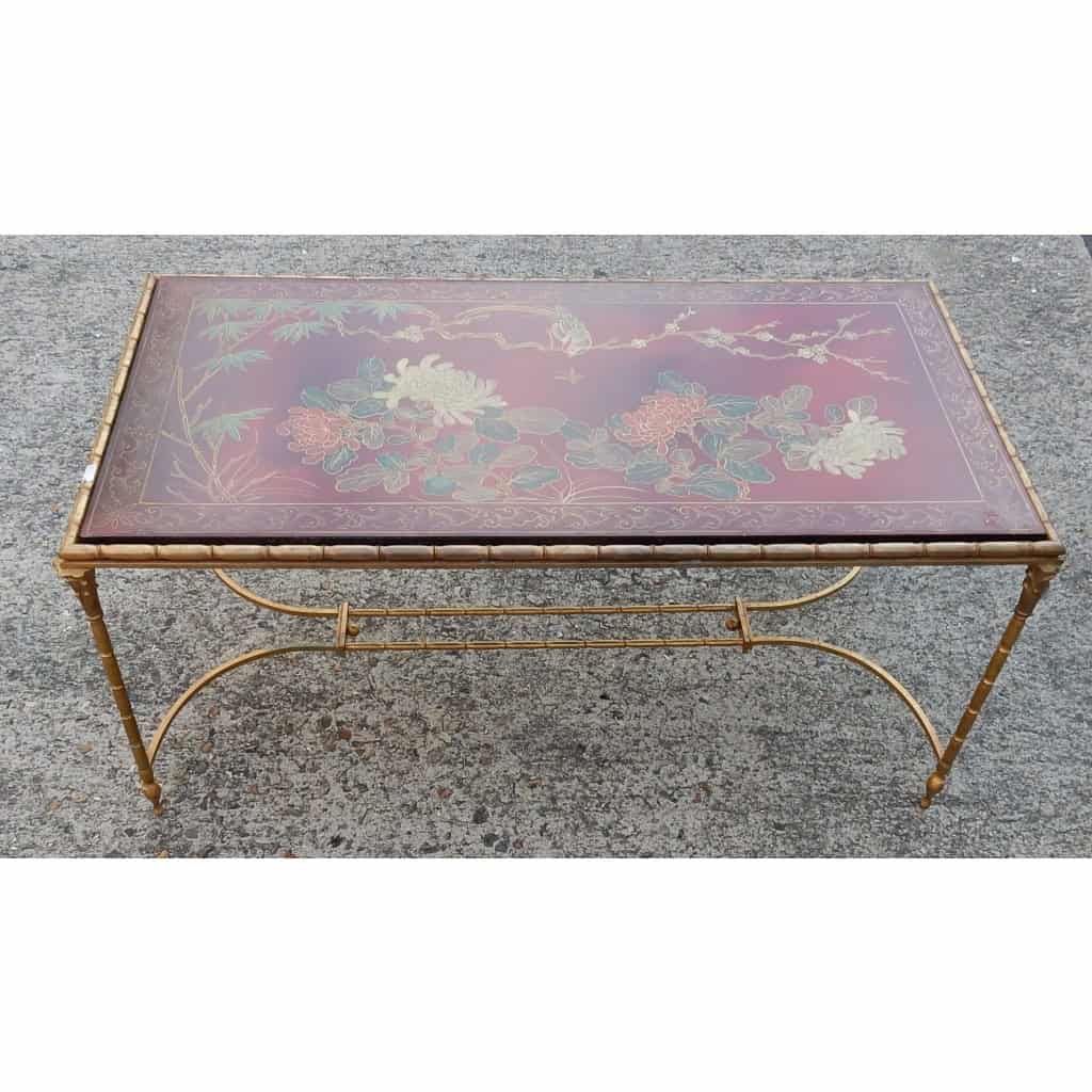 1950/70′ Table Basse Bronze Décor Palmier, Plateau Laque de Chine Rouge Style Maison Baguès | Biron 1950/70′ Table Basse Bronze Décor Palmier, Plateau Laque de Chine Rouge Style Maison Baguès