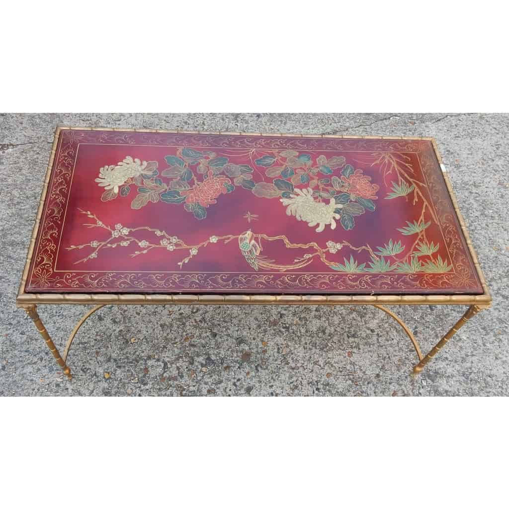 1950/70′ Table Basse Bronze Décor Palmier, Plateau Laque de Chine Rouge Style Maison Baguès | Biron 1950/70′ Table Basse Bronze Décor Palmier, Plateau Laque de Chine Rouge Style Maison Baguès