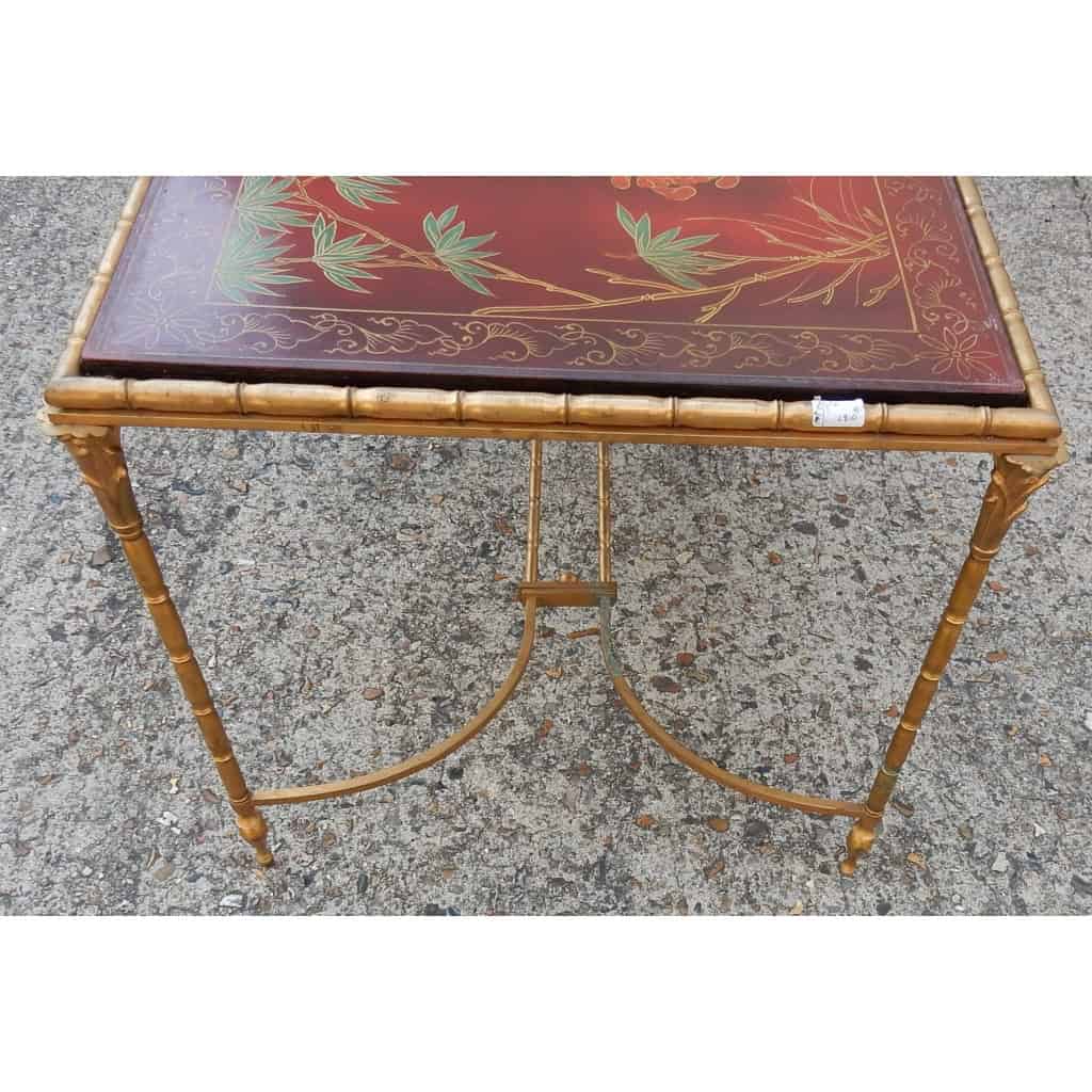 1950/70′ Table Basse Bronze Décor Palmier, Plateau Laque de Chine Rouge Style Maison Baguès | Biron 1950/70′ Table Basse Bronze Décor Palmier, Plateau Laque de Chine Rouge Style Maison Baguès