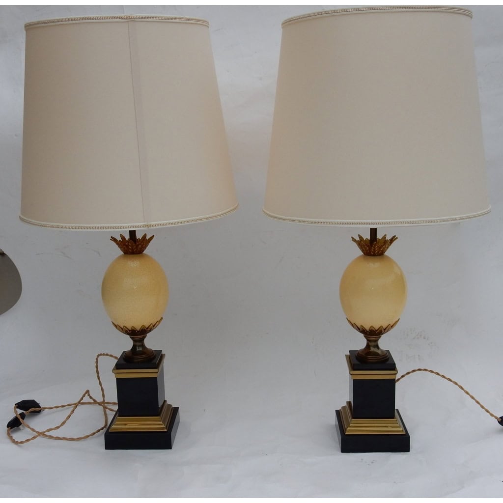 1950/70 Paire de Lampes en Marbre Noir et Oeuf d’Autruche Maison Jansen | Biron 1950/70 Paire de Lampes en Marbre Noir et Oeuf d’Autruche Maison Jansen