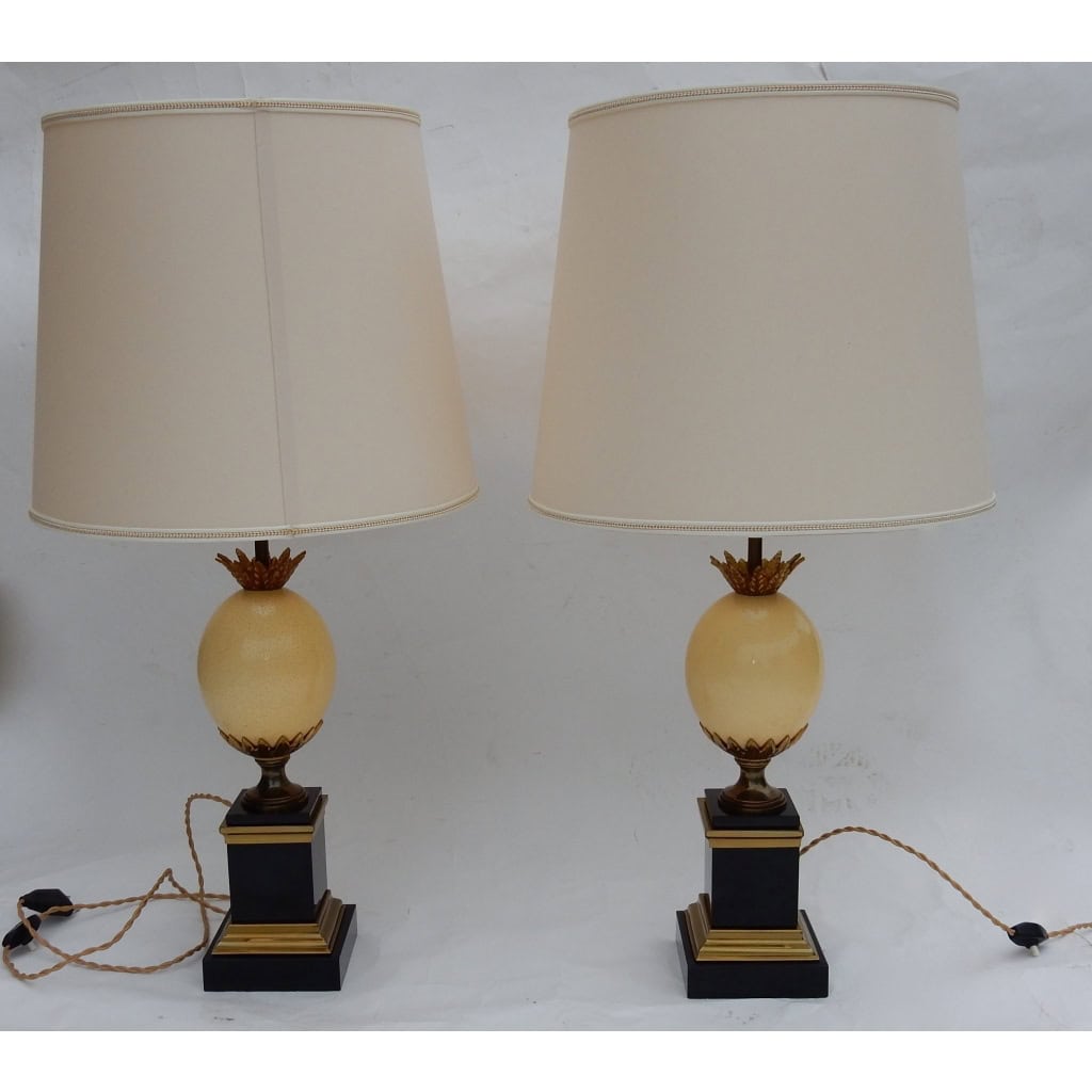 1950/70 Paire de Lampes en Marbre Noir et Oeuf d’Autruche Maison Jansen | Biron 1950/70 Paire de Lampes en Marbre Noir et Oeuf d’Autruche Maison Jansen