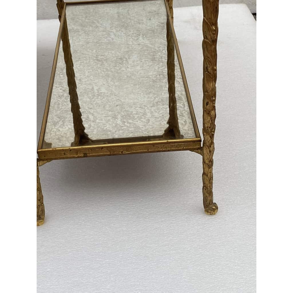 1970′ Paire De Bouts De Canapé Maison Charles , Jansen Ou Baguès Décor Palmier en Bronze Doré avec Plateaux Miroirs Vieillis