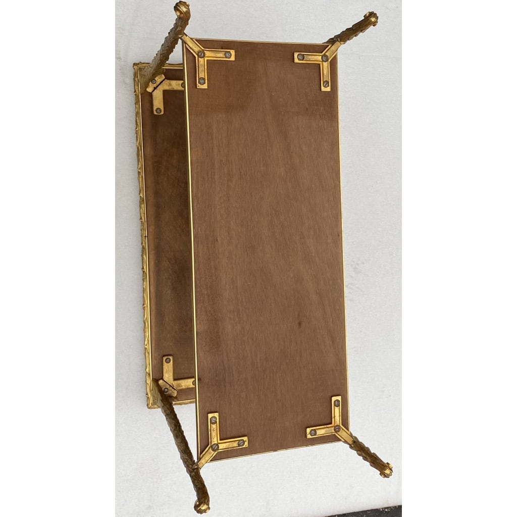 1970′ Paire De Bouts De Canapé Maison Charles , Jansen Ou Baguès Décor Palmier en Bronze Doré avec Plateaux Miroirs Vieillis