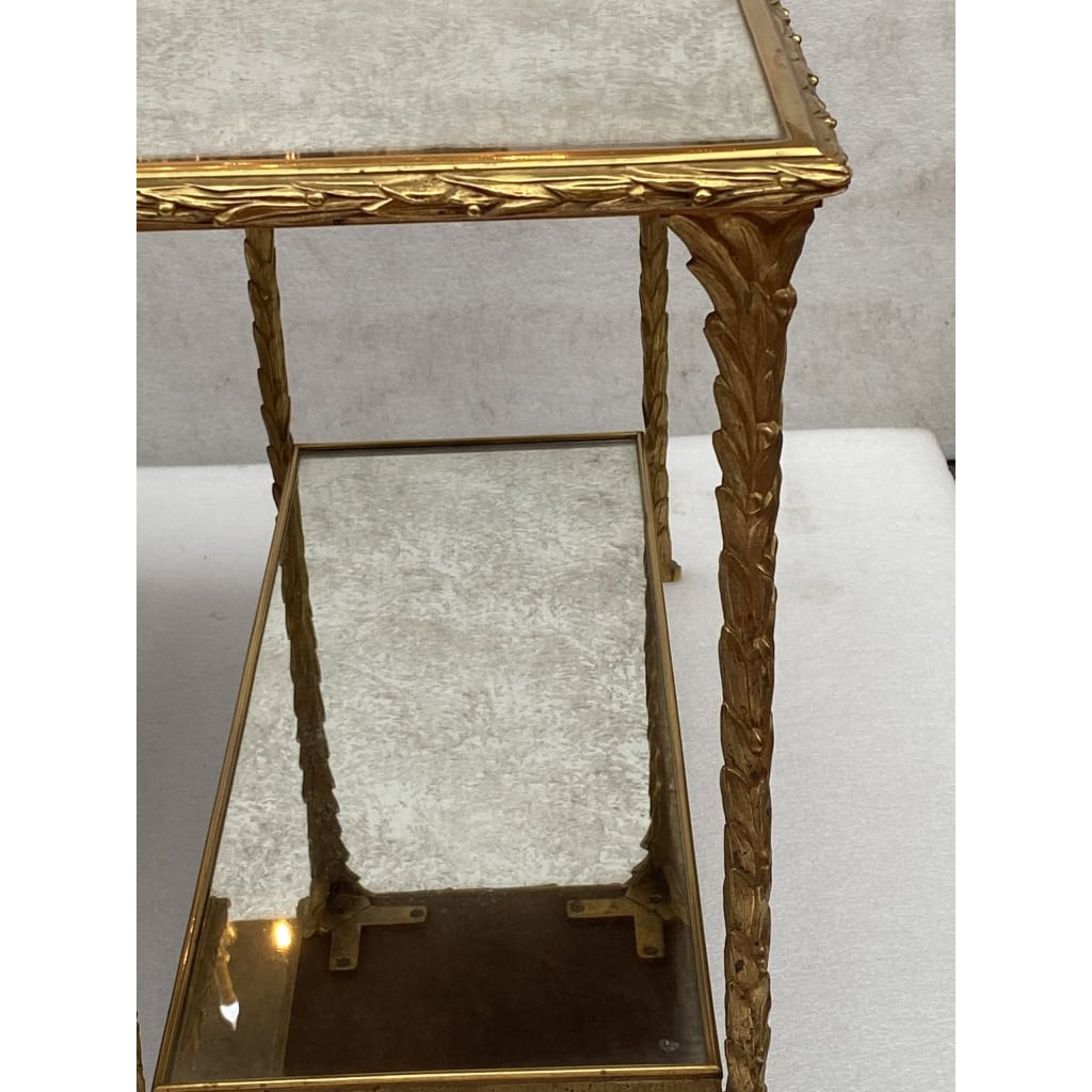 1970′ Paire De Bouts De Canapé Maison Charles , Jansen Ou Baguès Décor Palmier en Bronze Doré avec Plateaux Miroirs Vieillis