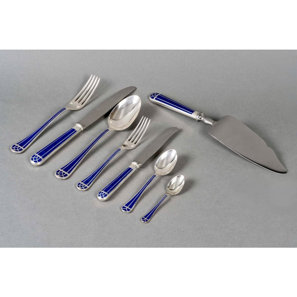 Ménagère « Talisman » métal argenté & laque de Chine bleue de CHRISTOFLE – 85 Pièces | Biron ||||||||