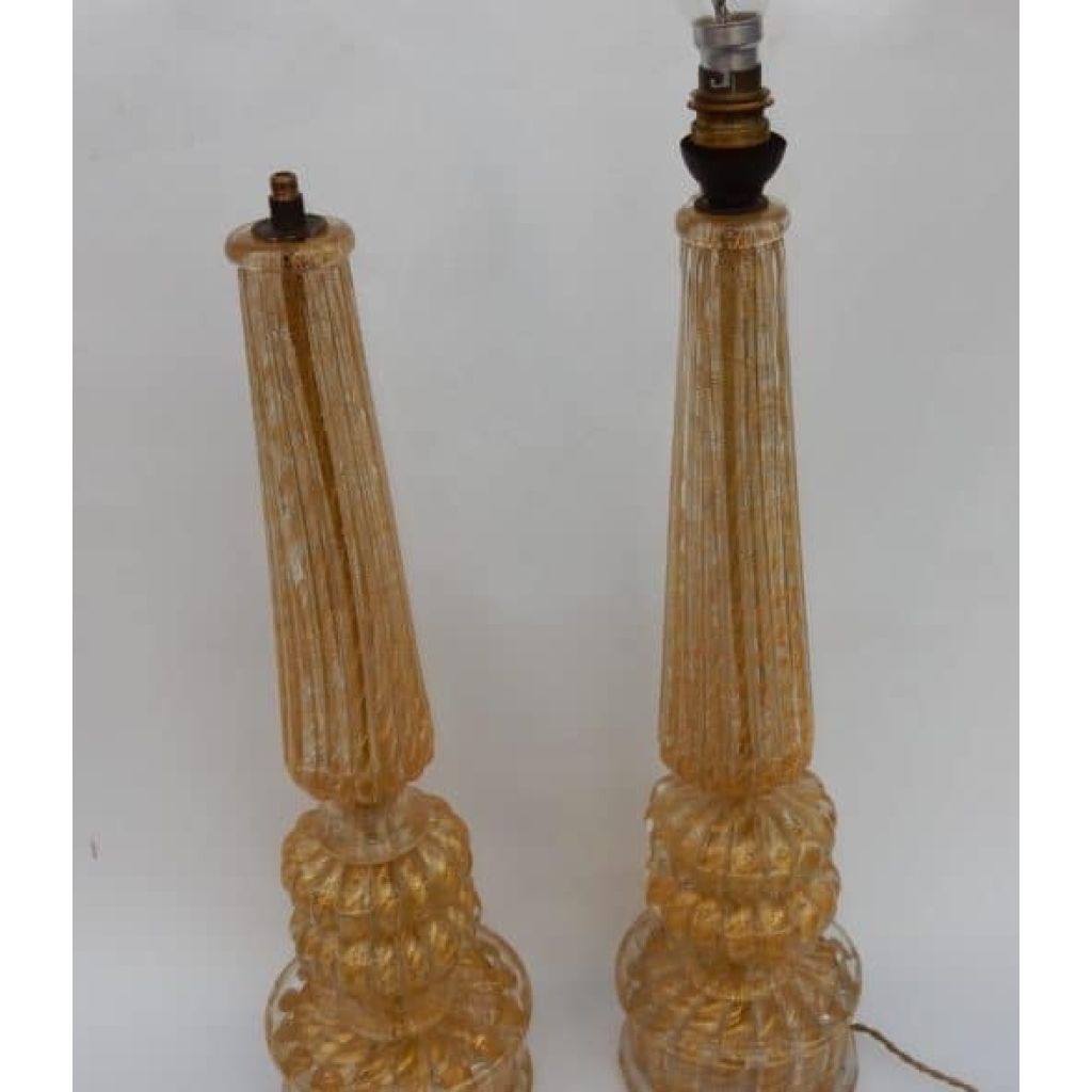 1950/70 Paire de Lampes Barovier & Toso Avec Paillons d’Or Fût Conique | Biron 1950/70 Paire de Lampes Barovier & Toso Avec Paillons d’Or Fût Conique