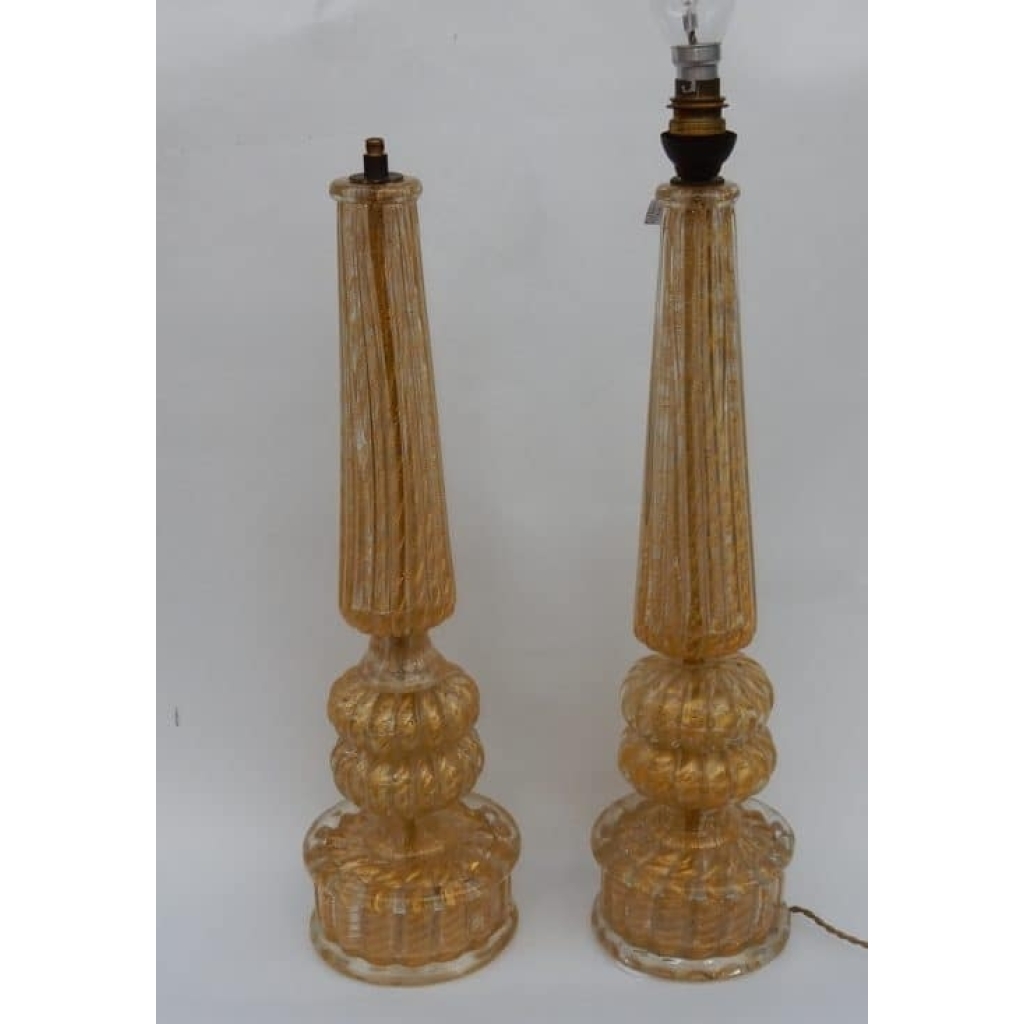 1950/70 Paire de Lampes Barovier & Toso Avec Paillons d’Or Fût Conique | Biron 1950/70 Paire de Lampes Barovier & Toso Avec Paillons d’Or Fût Conique