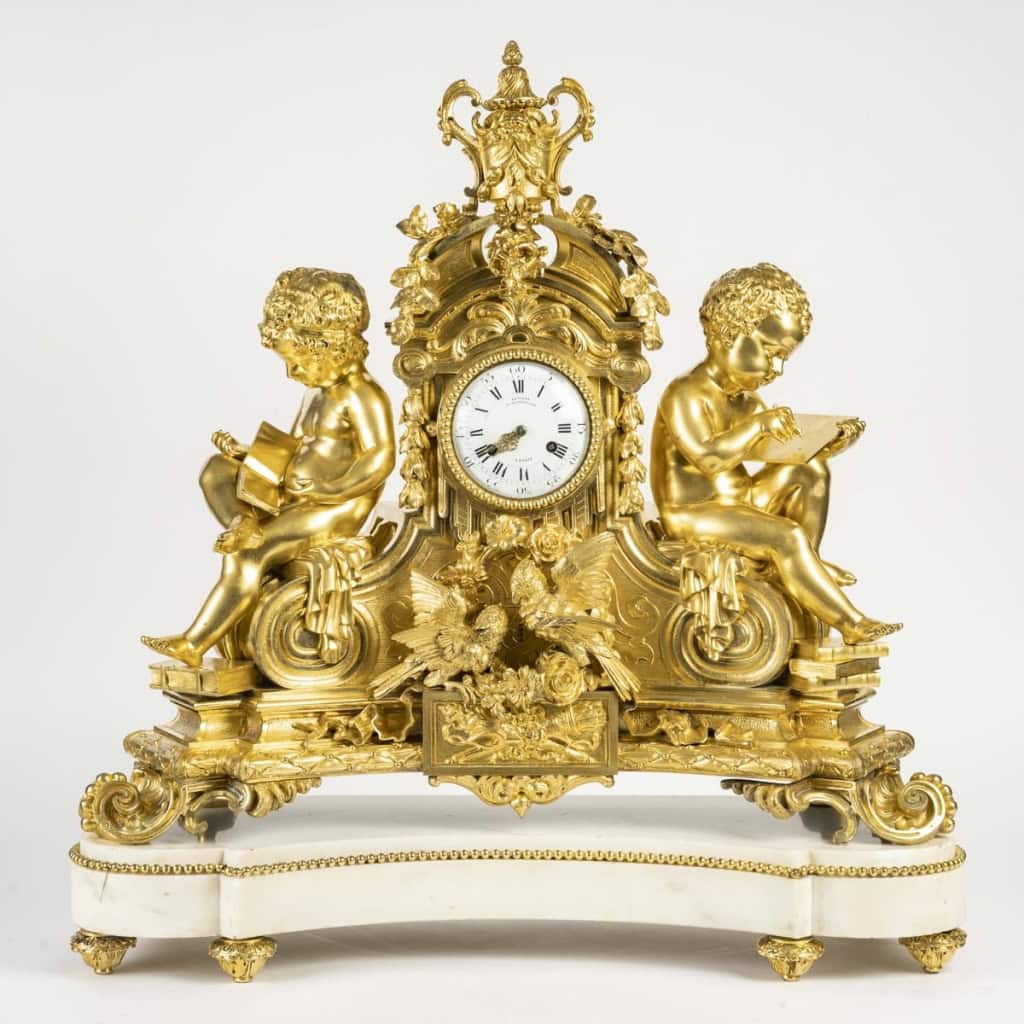 Denière, à Paris- Les Enfants à L’étude. Grande Pendule En Bronze Doré et marbre XIX | Biron |||||||||||