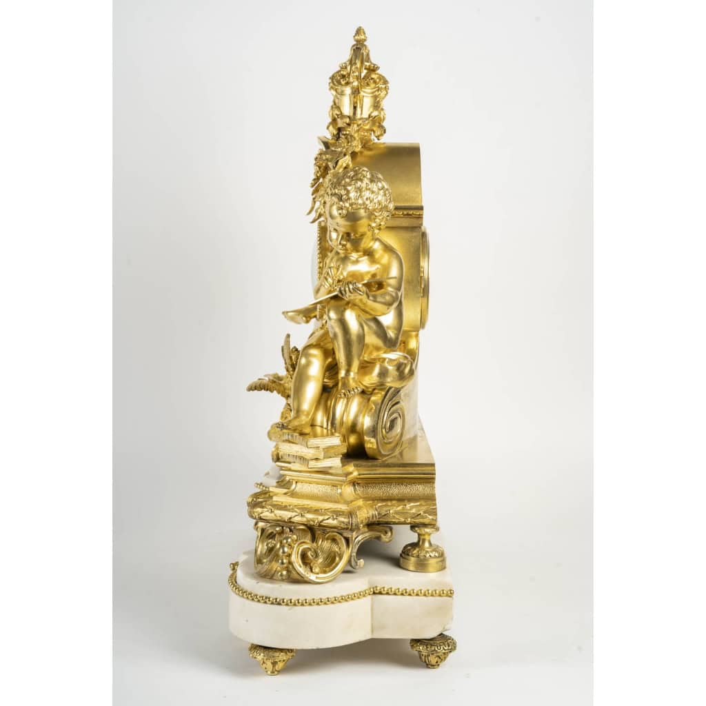 Denière, à Paris- Les Enfants à L’étude. Grande Pendule En Bronze Doré et marbre XIX | Biron Denière, à Paris- Les Enfants à L’étude. Grande Pendule En Bronze Doré et marbre XIX