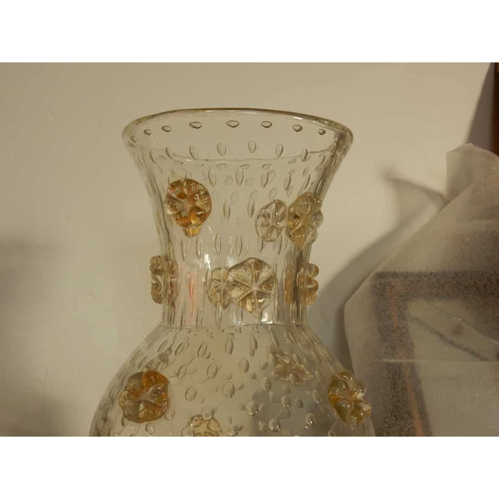 1970′ Vase Cristal Murano Style Barovier & Toso Avec Paillons d’Or Non Signé 4