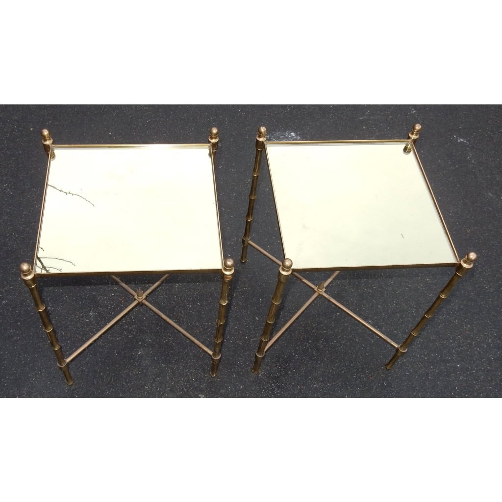 1970′ Paire de Bouts de Canapé Rectangulaires Maison Baguès Bronze Dorés Plateaux Miroir doré | Biron |||||||||