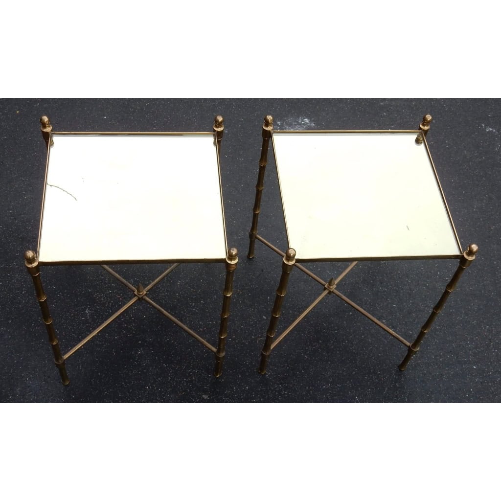 1970′ Paire de Bouts de Canapé Rectangulaires Maison Baguès Bronze Dorés Plateaux Miroir doré | Biron 1970′ Paire de Bouts de Canapé Rectangulaires Maison Baguès Bronze Dorés Plateaux Miroir doré