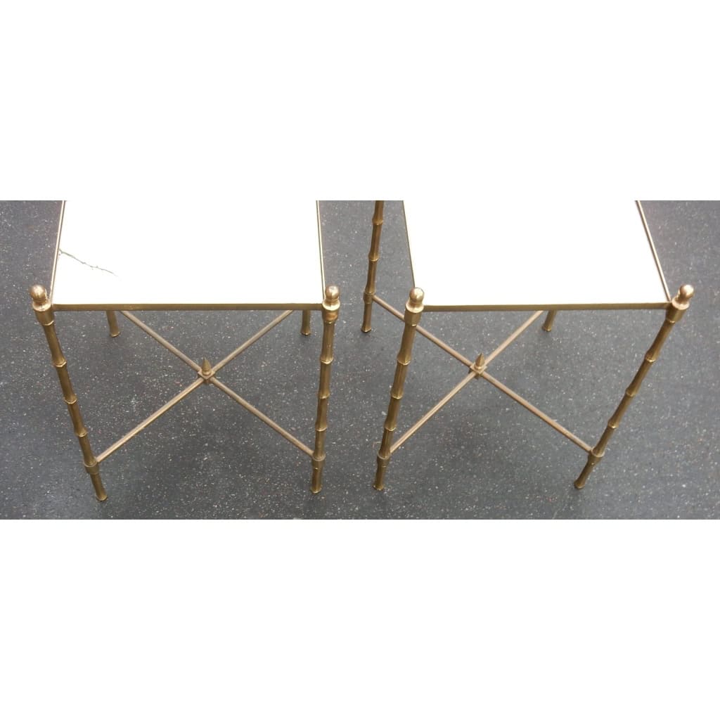 1970′ Paire de Bouts de Canapé Rectangulaires Maison Baguès Bronze Dorés Plateaux Miroir doré | Biron 1970′ Paire de Bouts de Canapé Rectangulaires Maison Baguès Bronze Dorés Plateaux Miroir doré