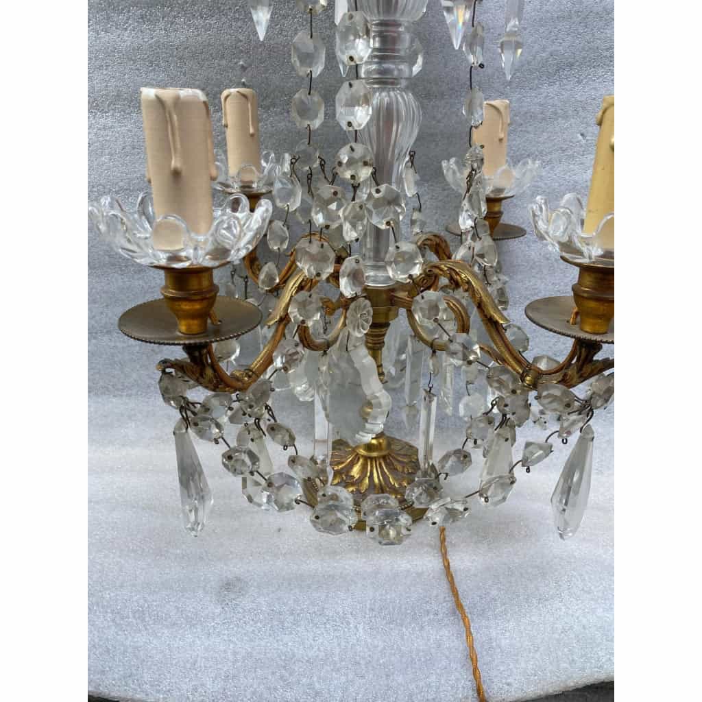1950′ Paire De Lampes Girandoles Bronze 4 Bras Pampilles Et Poignards Baccarat | Biron 1950′ Paire De Lampes Girandoles Bronze 4 Bras Pampilles Et Poignards Baccarat