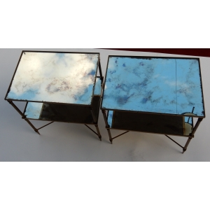 1950/70′ Paire de Bouts de Canapés Bronze, 2 Plateaux Miroirs Oxydés Style Maison Baguès Entretoise Avec Toupie