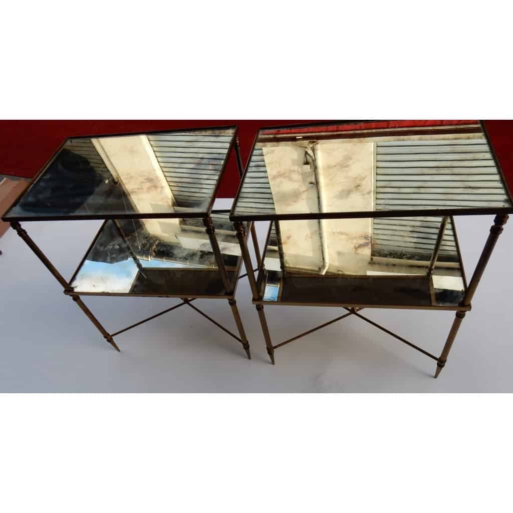 1950/70′ Paire de Bouts de Canapés Bronze, 2 Plateaux Miroirs Oxydés Style Maison Baguès Entretoise Avec Toupie | Biron 1950/70′ Paire de Bouts de Canapés Bronze, 2 Plateaux Miroirs Oxydés Style Maison Baguès Entretoise Avec Toupie