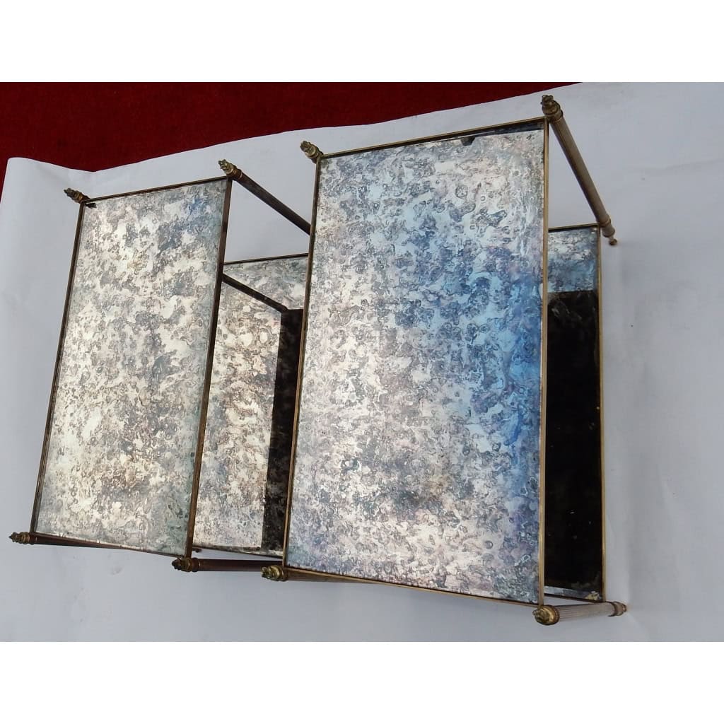 1950/70′ Paire De Bouts De Canapé Maison Baguès Laiton et Bronze Plateaux Miroirs Flammes Olympiques | Biron 1950/70′ Paire De Bouts De Canapé Maison Baguès Laiton et Bronze Plateaux Miroirs Flammes Olympiques