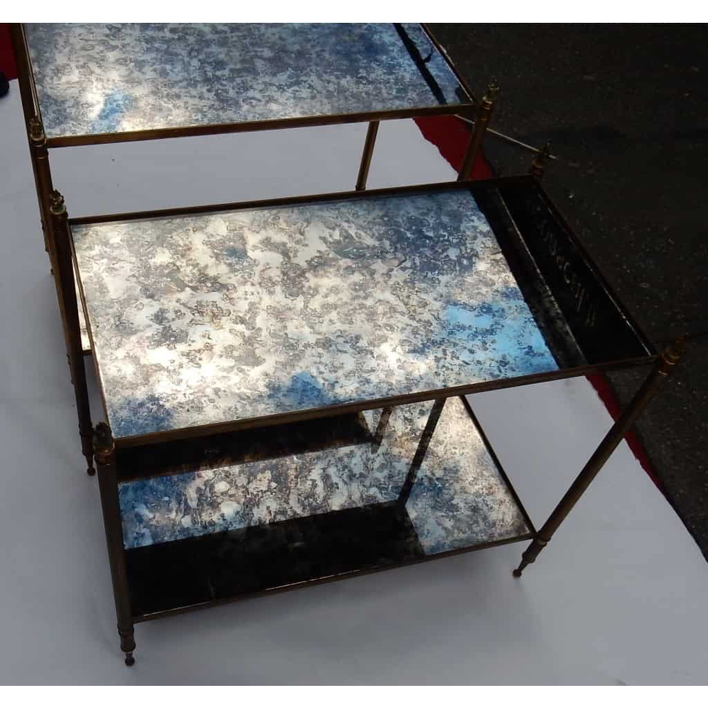 1950/70′ Paire De Bouts De Canapé Maison Baguès Laiton et Bronze Plateaux Miroirs Flammes Olympiques | Biron 1950/70′ Paire De Bouts De Canapé Maison Baguès Laiton et Bronze Plateaux Miroirs Flammes Olympiques