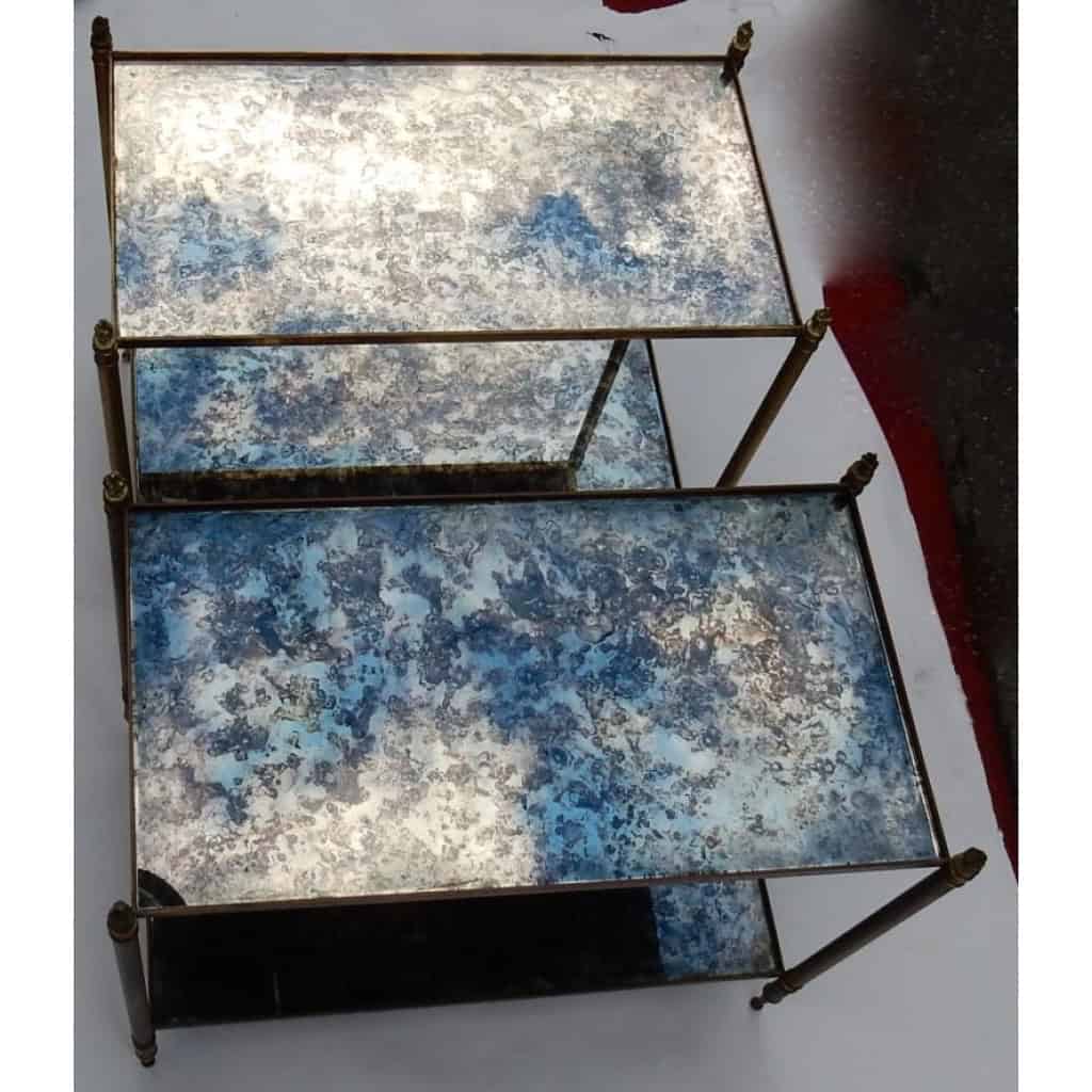 1950/70′ Paire De Bouts De Canapé Maison Baguès Laiton et Bronze Plateaux Miroirs Flammes Olympiques | Biron 1950/70′ Paire De Bouts De Canapé Maison Baguès Laiton et Bronze Plateaux Miroirs Flammes Olympiques