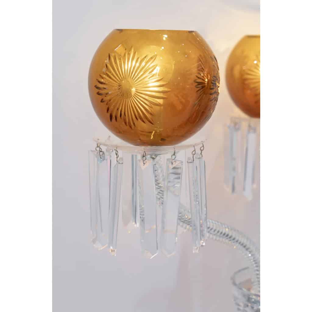 Paire de Candélabres trois lumières « Maharadja » cristal blanc et ambre de SAINT LOUIS | Biron Paire de Candélabres trois lumières "Maharadja" cristal blanc et ambre de SAINT LOUIS