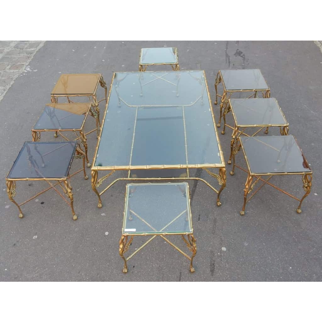 1950/70′ Table Basse en Bronze Aux Cygnes et Ses 6 Bouts de canapés | Biron |||||||