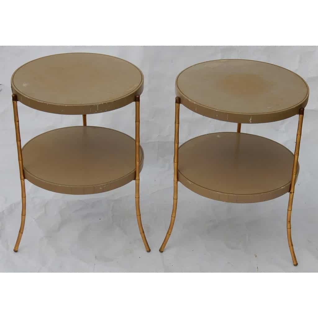 1970/80′ Paire de Guéridons Tripodes Décor Bambou, Plateaux Laqués Style Maison Jansen | Biron 1970/80′ Paire de Guéridons Tripodes Décor Bambou, Plateaux Laqués Style Maison Jansen